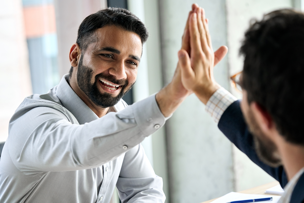 Indian,Happy,Smiling,Multiracial,Professional,Ceo,Businessman,Giving,Highfive,To
